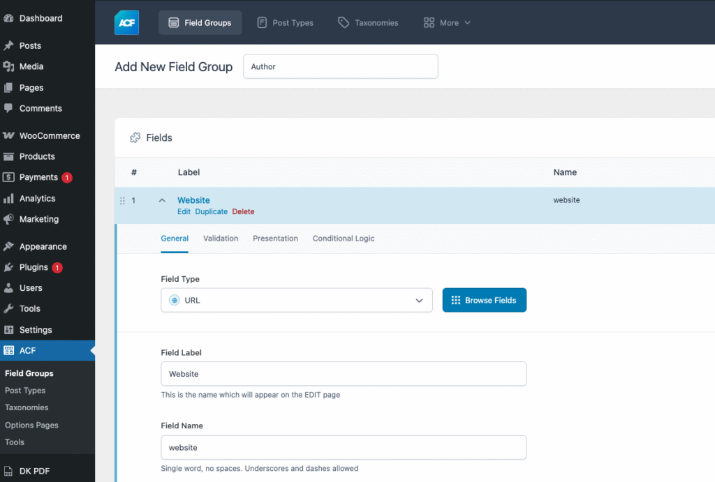 ACF create custom fields