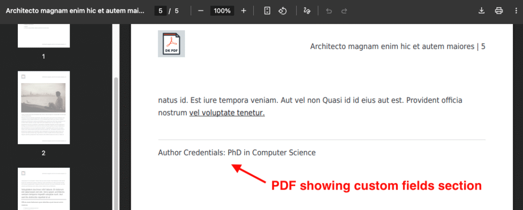DK PDF showing custom fields in the PDF