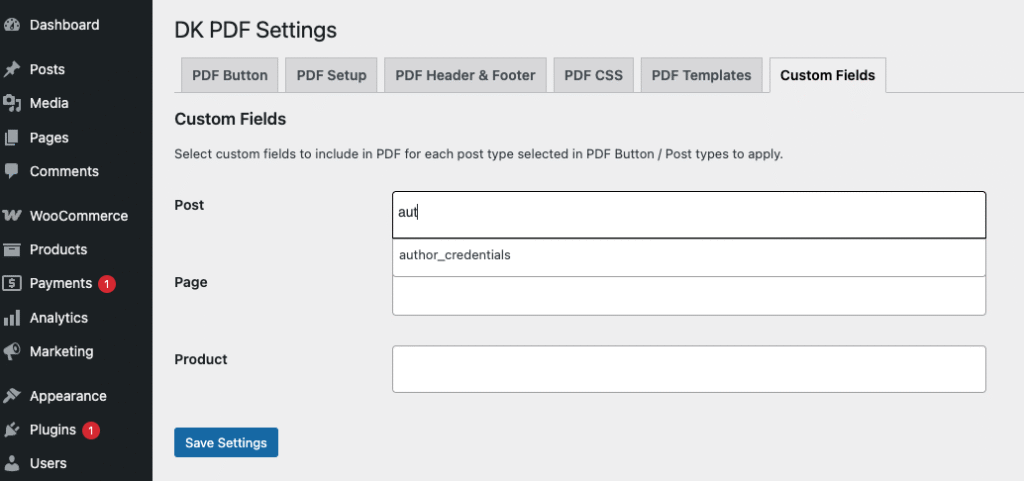 DK PDF select custom fields