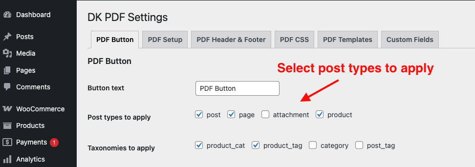 DK PDF select post types to apply