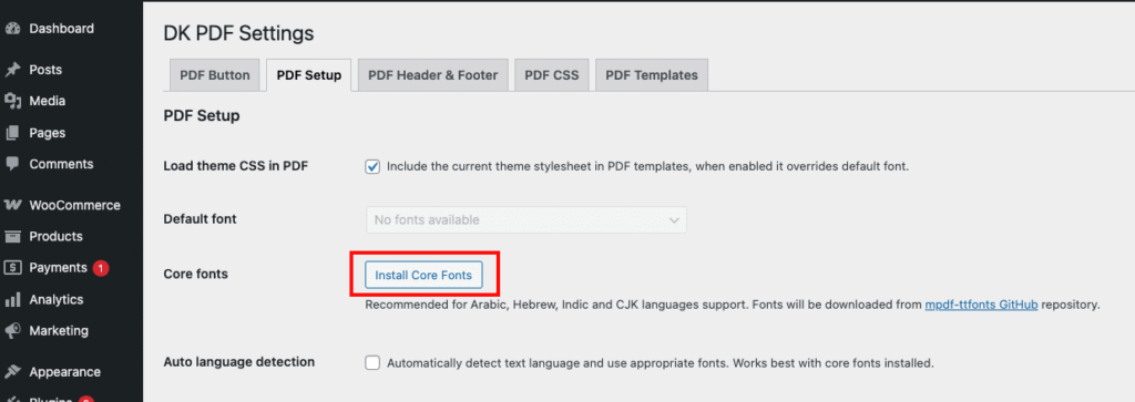 DK PDF install code fonts