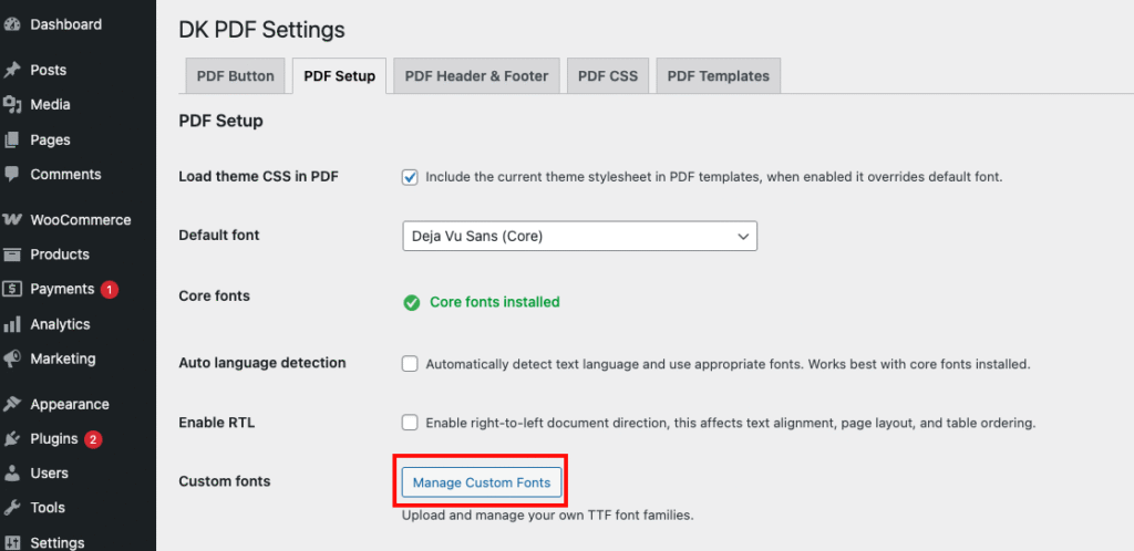 DK PDF manage custom fonts